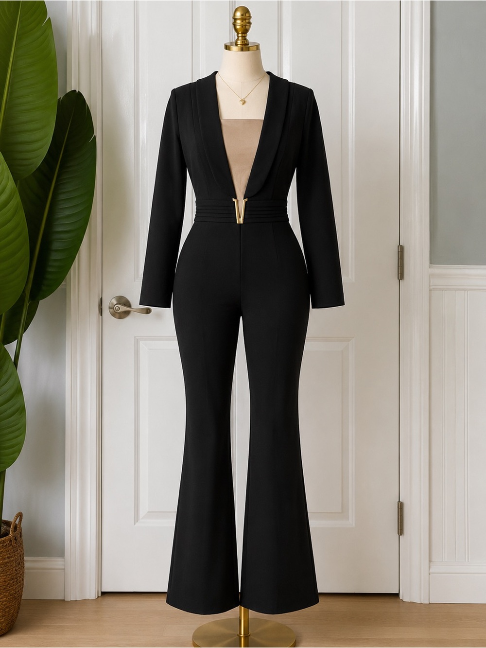 Women's Black Long-Sleeve Plunge Jumpsuit